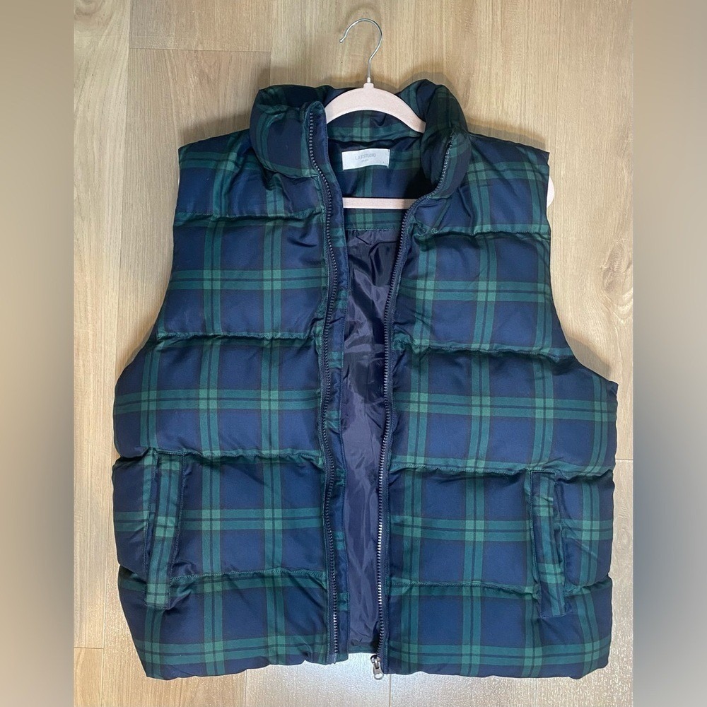L.A.B Studio Puffer Vest‎ Winter Plaid Green Blue Front Zip Pockets Women's Sz L